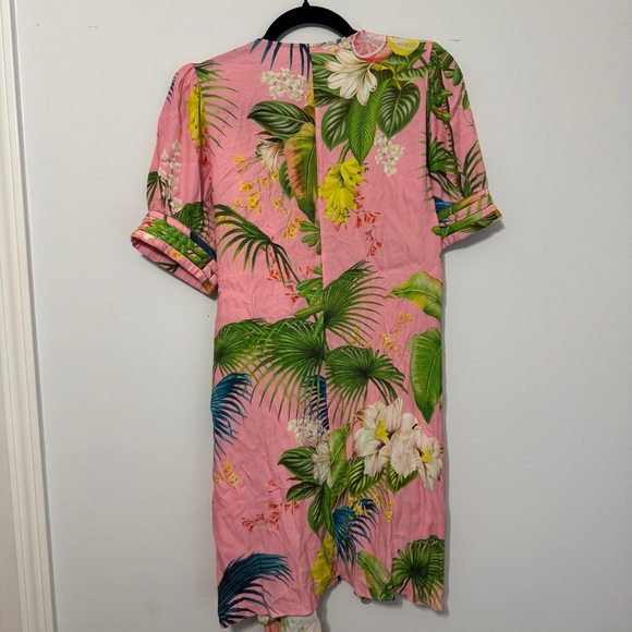 Farm Rio Pink Tropical Floral Wrap Dress Puff Sleeve Tie Waist Size M - Picture 7 of 12